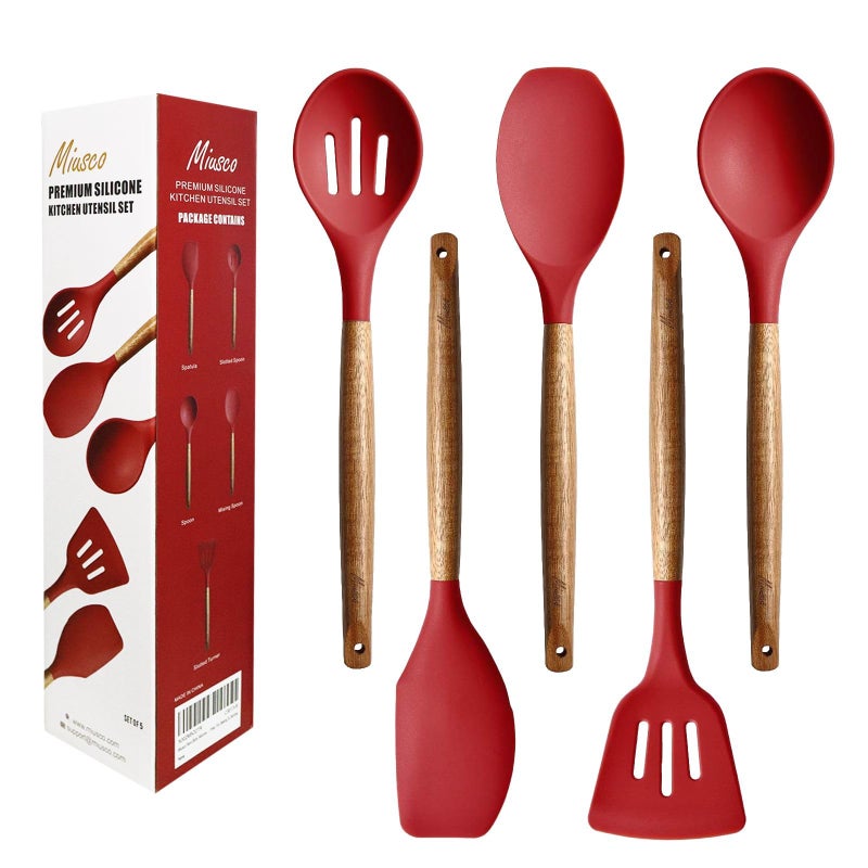 Miusco Kitchen Utensils Set, Silicone Cooking Utensils Set,Non-Stick Silicone Spatula Set with Natural Acacia Hard Wood Handle, 5 Piece, Upgraded Thickened Cookware - Image 1